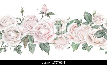 Aquarell nahtlose Rand Illustration weiße Creme Rose und grüne Blätter isoliert auf weißem Hintergrund. Element handbemalt natürliche Pflanzenzweige mit Stockfoto