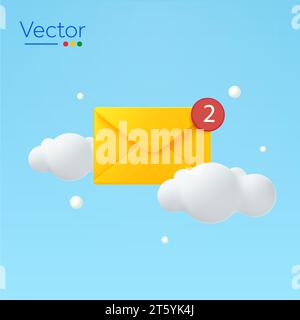 3D Senden von E-Mails mit Symbol für ungelesene Benachrichtigungen, Wolke und Himmel. 3D gerenderter Umschlag, sms- oder Letter-Symbol, isoliert auf weißem Hintergrund. Vektorabbildung. Vektorabbildung Stock Vektor