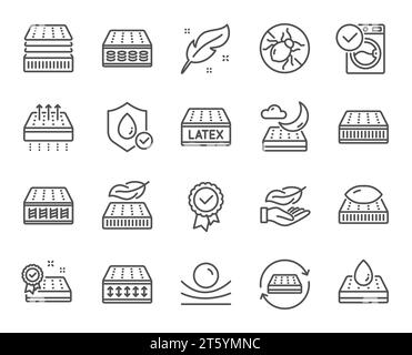 Symbole für die Matratzenlinie. Atmungsaktiv, waschbar, Latex. Memory-Schaum, Kissen, Bettzecke. Vektor Stock Vektor