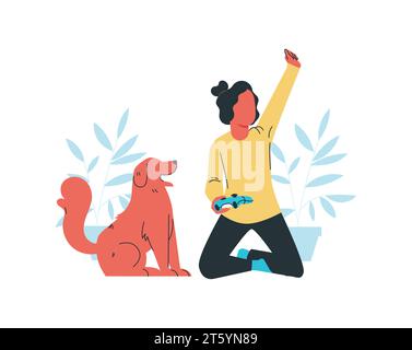 Ein Mädchen, das Videospiele mit Hund spielt. Illustration des flachen Vektors. Stock Vektor