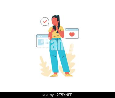 Junge Frau mit Handy und Online-Dating-App. Illustration des flachen Vektors. Stock Vektor