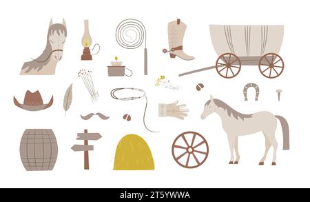 Ethnische Boho West Country Elemente gesetzt. Westernrad, Pferd, Cowboyhut, Holzfass. Stock Vektor