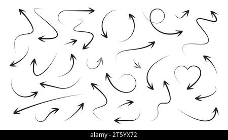 Pfeilsymbole gesetzt. Lockige, gerade und verdrehte Formen. Sammlung verschiedener Pfeile. Designelemente. Vektor Stock Vektor