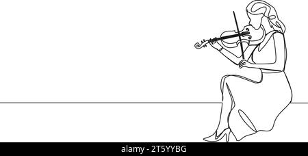 Ununterbrochene einzeilige Zeichnung einer Frau, die Geige spielt, Linienkunstvektorillustration Stock Vektor