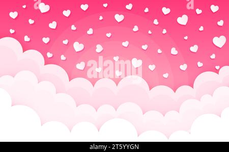Karikaturwolken auf den Herzen. Valentinstag Cumulus flauschige Wolken. Wolkenlandschaft in rosa Himmel. Liebe Hintergründe. Vektor Stock Vektor