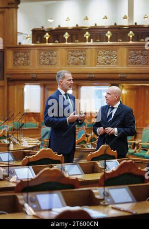 König Felipe und der Sprecher des dänischen Parlaments Soeren Gade im dänischen Parlament, Folketinget, in Christiansborg in Kopenhagen, Dienstag, den 7. November 2023. Das spanische Königspaar ist auf einem dreitägigen Staatsbesuch in Dänemark. (Foto: Liselotte Sabroe/Ritzau Scanpix) Stockfoto