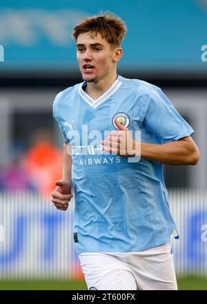 Jacob Wright von Manchester City während des Gruppenspiels der UEFA Youth League im Manchester City Academy Stadium in Manchester. Bilddatum: Dienstag, 7. November 2023. Stockfoto