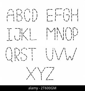 Gestrichelte schwarze englische lateinische abc-Schriftart A bis Z Kollektion. Vektor-Illustration in Doodle Hand geschriebenen Stil isoliert auf weißem Hintergrund. Fo Stock Vektor