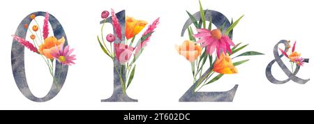 Nummer 0 1 2. Set aus blumigen numerischen Null, eins, zwei in Aquarellfarben mit Wildblumenstrauß. Hochzeitseinladungen, Grußkarte, Geburtstag, Logo, Poster Stockfoto