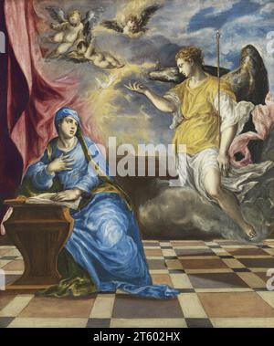 Titel: Der Schöpfer der Verkündigung: El Greco (Doménikos Theotokópoulos) Jahr: Ca. 1576 Abmessungen: 117 x 98 cm Durchschnitt: Öl auf Leinwand Ort: Museo Nacional Thyssen-Bornemisza, Madrid Stockfoto