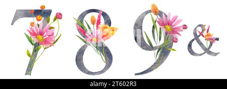 Nummer 7, 8, 9. Set aus blumigen Zahlen sieben, acht, neun in Aquarellen mit Wildblumenstrauß. Hochzeitseinladungen, Grußkarte, Geburtstag, Logo Stockfoto