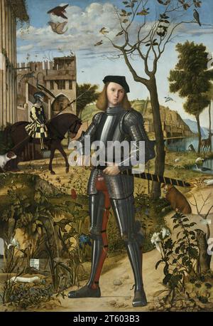 Titel: Junger Ritter in einer Landschaft Künstler: Vittore Carpaccio Jahr: Ca. 1505 Medium: Öl auf Leinwand Abmessungen: 218,5 x 151,5 cm Ort: Museo Nacional Thyssen-Bornemisza, Madrid Stockfoto