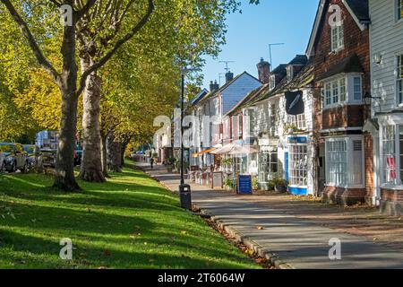 Tenterden High Street, von Bäumen gesäumter breiter Bürgersteig mit Geschäften und Cafés, an einem sonnigen Herbsttag, Kent, Großbritannien Stockfoto