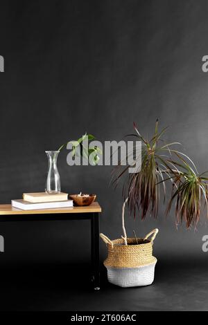 monstera Blatt in Vase, Bücher und Muscheln und Handfläche Stockfoto