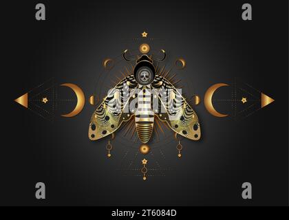 Die Totenkopfmotte auf der Heiligen Geometrie. Nachtmystischer Schmetterling mit Schädel- und Mondphasen. Goldene Luxus-Vektor-Illustration der himmlischen Ikone Stock Vektor