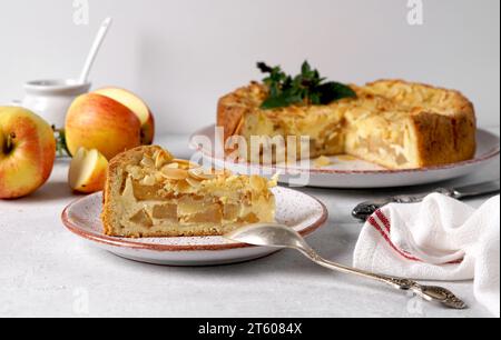 Stück hausgemachter süßer Apfelkuchen. Hergestellt aus Äpfeln, Mandel, Vanille und Vanillepudding Stockfoto