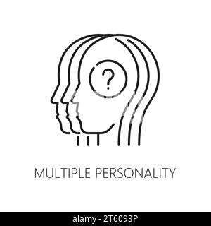 Multiple Persönlichkeit, psychische Störung Problem und psychische Gesundheit Symbol, Vektor-Umriss. Multiple Persönlichkeitsstörung oder dissoziative Split-Identität geistiges Problem Symbol der Frage in Person Kopf Stock Vektor