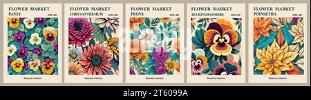 Satz abstrakter Blumenmarkt-Vektorplakate. Stock Vektor