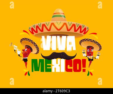 Viva Mexico Banner mit Chili Pfeffer Mariachi Zeichen und mexikanischem Sombrero, Vektor Hintergrund. Poster mit lustigen Paprika mit Maracas und Trompete zum mexikanischen Feiertag oder Nationalfeiertag Stock Vektor