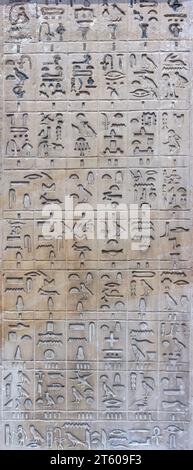 Zeichnungen, Bilder und Hieroglyphentexte an altägyptischen Mauern Stockfoto