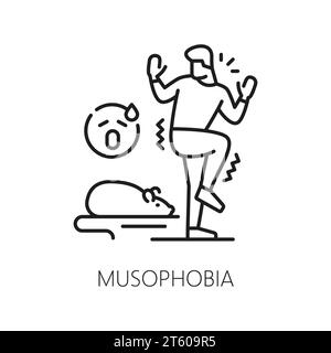 Menschliche Musophobie Phobie Symbol, psychische Gesundheit. Angst vor Mäusen und Ratten, psychische Störung, psychologisches Problem dünne Linie Vektorsymbol. Piktogramm oder Schild der menschlichen Phobienlinie mit Mäuseschreck Stock Vektor