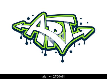 ART Graffiti, Street Art oder urbaner Stil Schriftzug mit Farbspray an der Wand, Vektorgrafik. Graffiti Word Art in grüner Farbe mit Pfeilen und tropfenden Tropfen an der Wand für Hipster Urban Graffiti Print Stock Vektor