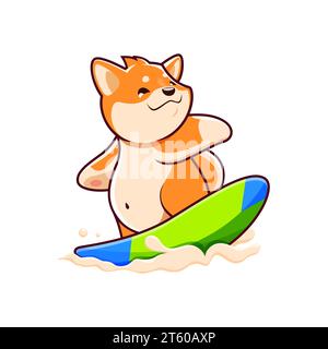 Cartoon Kawaii süßes Haustier shiba inu Hund und Welpenfigur, die im Meer surft. Vektorverspielte Welpen reiten Wellen, fangen den Nervenkitzel des Ozeans und balancieren auf einem Surfbrett, um abenteuerlichen Geist zu zeigen Stock Vektor