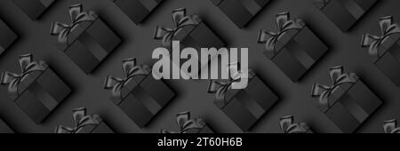 Viele schwarze Geschenkboxen liegen in einer Reihe auf einem schwarzen Hintergrund. Black Friday Shopping Premium-Design mit Vektorbanner. Stock Vektor