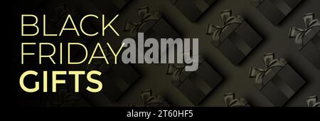 Schwarzes Freitag-Vektorbanner-Design mit vielen schwarzen Geschenkboxen, die in einer Reihe auf einem schwarzen verlaufenen Hintergrund liegen. Stock Vektor