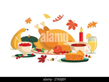Thanksgiving Day Dinner Mahlzeit Vektor Illustration. Gebratener truthahn, Preiselbeersauce, Kürbiskuchen-Cartoon-Design-Element. Festliche Familie, Gemeinschaftsessen Stock Vektor