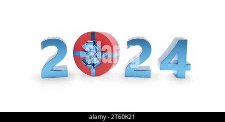 2024 einfarbiger Text mit Geschenkbox in drei Dimensionen. Neujahrskonzept. 3D-Abbildung. Stockfoto