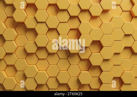 Abstrakter Hintergrund der gelben Sechsecke. Draufsicht. Geometrisches Muster. 3D-Abbildung. Stockfoto