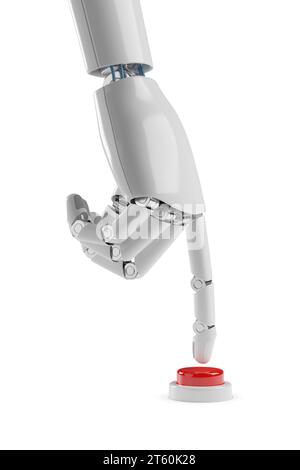 Roboterhand, die eine rote Taste auf weißem Hintergrund drückt. 3D-Abbildung. Stockfoto