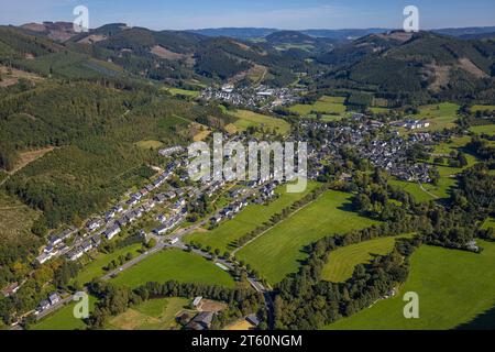 Aus der Vogelperspektive, Blick auf den Stadtteil Saalhausen, Waldgebiet mit Waldschäden, St.. Jodokuskirche, Saalhausen, Lennestadt, Sauerland, Nordrhein-Wir Stockfoto