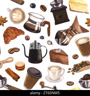 Kaffee und Dessert in Aquarellfarben mit nahtlosem Muster. Farbenfrohe Details mit vielen Objekten. Handgezeichnete Darstellung isoliert auf weißem Hintergrund. Perfekt Stockfoto