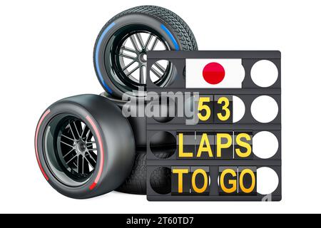 Japanisches Rennen, Boxenbrett mit Flagge Japans und Rennräder mit verschiedenen Reifenmischungen. 3D-Rendering isoliert auf weißem Hintergrund Stockfoto