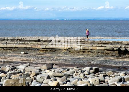 Frau am Kilve Beach und der felsigen Küste, in Kilve, Quantocks, Somerset, Großbritannien an sonnigen Tagen. Der Strand ist bekannt für seine Fossilien. Stockfoto