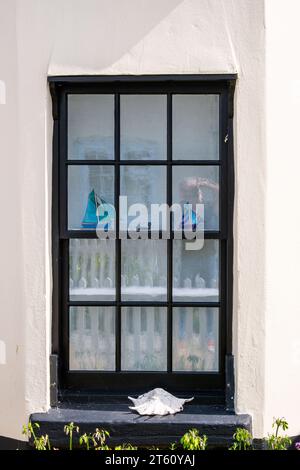 Ein hübsches schwarz gerahmtes Fenster am Meer mit einem Segelboot und einer Muschel am Fenster cill Stockfoto