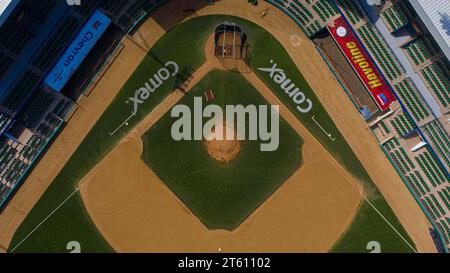 Aus der Vogelperspektive des Francisco Carranza Limón Stadions. Allgemeine Ansicht des Algodoneros-Stadions in Guasave, Sinaloa Mexiko. Guasave Mexiko. Am 7. Februar 2021 in Guasave, Mexiko. Kuroda Park (Foto: Luis Gutierrez/Norte Photo/) Vista aérea del Estadio Francisco Carranza Limón. Vista General del estadio Algodoneros en Guasave, Sinaloa México. Guasave México. el 7 de febrero de 2021 en Guasave, Mexiko. . (Foto de Luis Gutierrez / Foto Norte /) Stockfoto