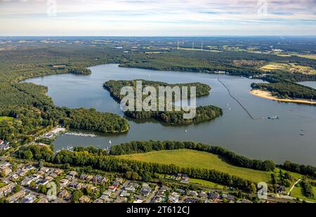 Luftansicht, Haltern Stausee, Insel Overrath, Hafen und Segelclub, Seeblick Restaurant, Haltern Stadt, Haltern am See, Ruhrgebiet Münsterland, Nein Stockfoto