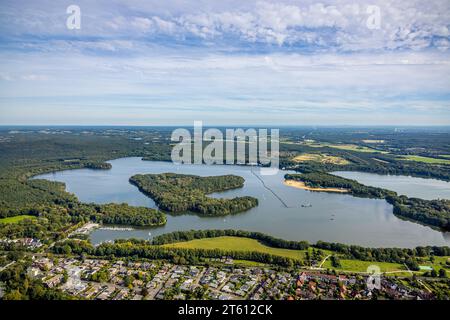 Luftansicht, Haltern Stausee, Insel Overrath, Hafen und Segelclub, Seeblick Restaurant, Haltern Stadt, Haltern am See, Ruhrgebiet Münsterland, Nein Stockfoto