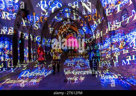 Salisbury, Wiltshire Großbritannien. November 2023. Sarum Lights Illuminating Arts öffnet sich in Salisbury, Wiltshire, und bringt das unglaublich beliebte Licht- und Klangerlebnis in die Kathedrale von Salisbury, verwandelt die Kathedrale mit immersiven Lichtprojektionen und atmosphärischen Klangwelten, die Jahrhunderte von Kunst und Veränderungen in der Gesellschaft vom Drama des Barocks erkunden, die sich in den protestantisch-katholischen Konflikten des 16. Jahrhunderts zum Art déco entwickelte, der durch Industrialisierung und Experimentierung Anfang des 20. Jahrhunderts wuchs. Quelle: Carolyn Jenkins/Alamy Live News Stockfoto