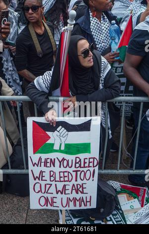 Washington, DC - 4. November: Eine Menschenmenge von Unterstützern ruft zum Waffenstillstand auf, um den Bombenangriff auf Gaza durch Israel auf dem Marsch für Palästina in Freedom Park Wash zu beenden Stockfoto