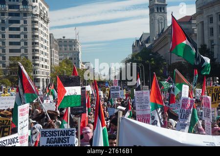 Washington, DC - 4. November: Eine Menschenmenge von Unterstützern ruft zum Waffenstillstand auf, um Gaza-Bombenangriffe durch Israel auf dem Marsch für Palästina im Freedom Park zu bombardieren. Stockfoto