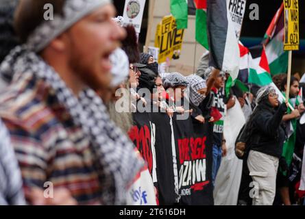 Washington, DC - 4. November: Eine Menschenmenge von Unterstützern ruft zum Waffenstillstand auf, um den Bombenangriff auf Gaza durch Israel auf dem Marsch für Palästina in Freedom Park Wash zu beenden Stockfoto