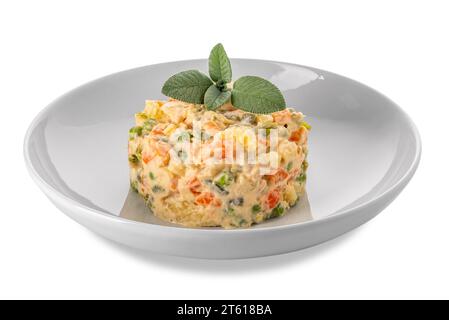 Russischer Salat in weißer Platte mit Salbeiblättern, typischer piemontesischer Salat aus Italien mit Gemüsestücken mit Mayonnaise-Sauce. Isoliert auf weiß Stockfoto
