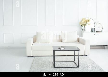 Großes, helles Wohnzimmer mit stilvollem Sofa Stockfoto