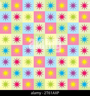 Steppdesign im Vintage-Stil mit Quadraten und Sternenausbrüchen in einem nahtlosen Wiederholungsmuster - Vektor-Illustration Stockfoto
