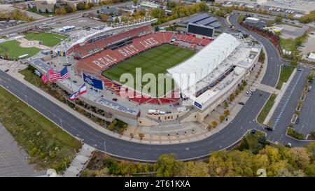 Sandy, UT, USA. November 2023. Luftaufnahme des America First Fields, Heimstadion des Real Salt Lake und des National Women's Soccer League Club, Utah Royals FC. (Credit Image: © Walter G Arce SR/ASP) NUR REDAKTIONELLE VERWENDUNG! Nicht für kommerzielle ZWECKE! Stockfoto