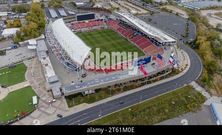 Sandy, UT, USA. November 2023. Luftaufnahme des America First Fields, Heimstadion des Real Salt Lake und des National Women's Soccer League Club, Utah Royals FC. (Credit Image: © Walter G Arce SR/ASP) NUR REDAKTIONELLE VERWENDUNG! Nicht für kommerzielle ZWECKE! Stockfoto